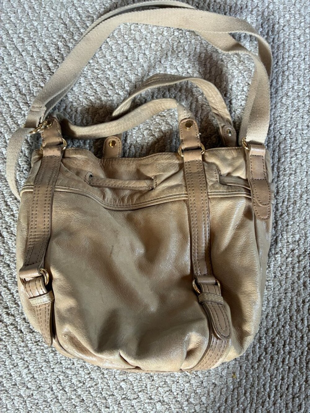 Sak Tan Leather Drawstring Bucket Bag Handbag Hobo Moto